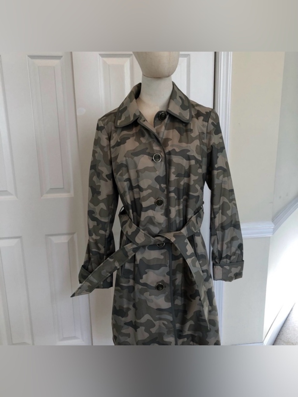 Dennis Basso Women's Camo Trench Coat - Olive Green NWOT